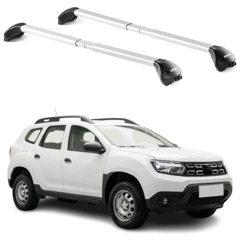 OMAC Barres de toit transversales certifiées TÜV pour Dacia Duster mk2 2018-2024 – Verrouillables (4 antivols) – Charge max 100 kg – Sangle inox + protection caoutchouc Argent