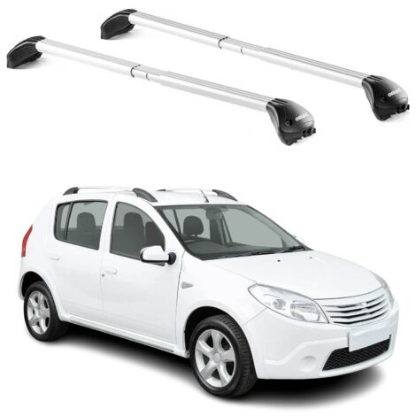 OMAC Barres de toit transversales certifiées TÜV pour Dacia Sandero Stepway 2010-2026 – Verrouillables (4 antivols) – Charge max 100 kg – Sangle inox + protection caoutchouc Argent