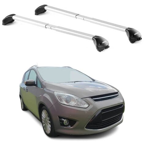 OMAC Barres de toit transversales certifiées TÜV pour Ford C-Max II 2010-2019 7places – Verrouillables (4 antivols) – Charge max 100 kg – Sangle inox + protection caoutchouc Argent