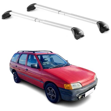 OMAC Barres de toit transversales certifiées TÜV pour Ford Escort Break 1990-2000 – Verrouillables (4 antivols) – Charge max 100 kg – Sangle inox + protection caoutchouc Argent