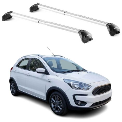 OMAC Barres de toit transversales certifiées TÜV pour Ford Ka+ Active 2018-2021 – Verrouillables (4 antivols) – Charge max 100 kg – Sangle inox + protection caoutchouc Argent