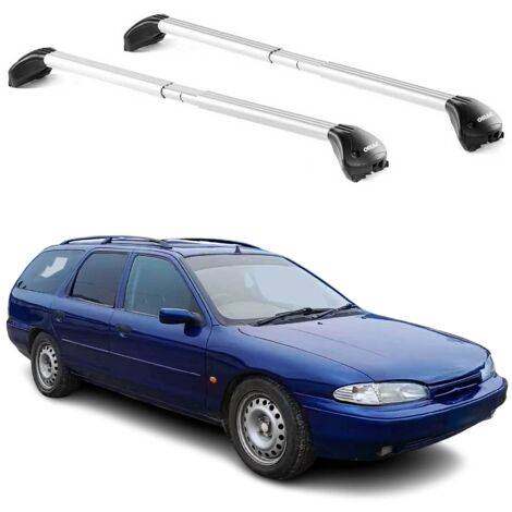 OMAC Barres de toit transversales certifiées TÜV pour Ford Mondeo Break 1993-2014 – Verrouillables (4 antivols) – Charge max 100 kg – Sangle inox + protection caoutchouc Argent