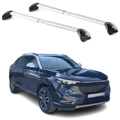 OMAC Barres de toit transversales certifiées TÜV pour HONDA HR-V III 2021-2026 – Verrouillables (4 antivols) – Charge max 100 kg – Sangle inox + protection caoutchouc Argent