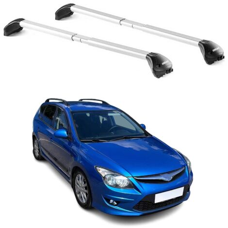 OMAC Barres de toit transversales certifiées TÜV pour Hyundai i30 I Break 2007-2012 – Verrouillables (4 antivols) – Charge max 100 kg – Sangle inox + protection caoutchouc Argent