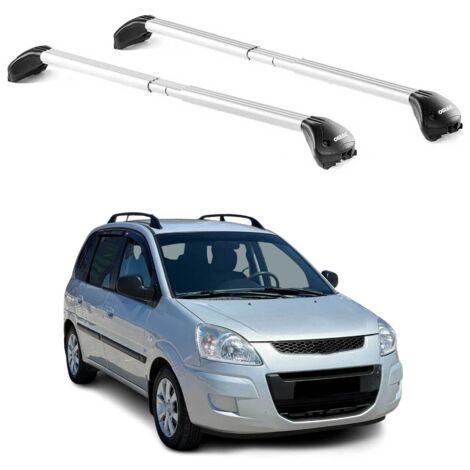OMAC Barres de toit transversales certifiées TÜV pour Hyundai Matrix 2001-2010 – Verrouillables (4 antivols) – Charge max 100 kg – Sangle inox + protection caoutchouc Argent