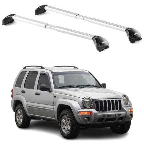 OMAC Barres de toit transversales certifiées TÜV pour Jeep Cherokee KJ 2002-2007 – Verrouillables (4 antivols) – Charge max 100 kg – Sangle inox + protection caoutchouc Argent