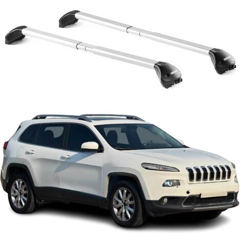 OMAC Barres de toit transversales certifiées TÜV pour Jeep Cherokee KL 2014-2023 – Verrouillables (4 antivols) – Charge max 100 kg – Sangle inox + protection caoutchouc Argent