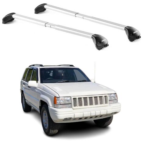 OMAC Barres de toit transversales certifiées TÜV pour Jeep Grand Cherokee 1992-2011 – Verrouillables (4 antivols) – Charge max 100 kg – Sangle inox + protection caoutchouc Argent