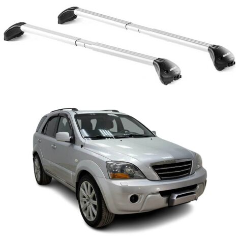 OMAC Barres de toit transversales certifiées TÜV pour Kia Sorento mk1 2002-2009 – Verrouillables (4 antivols) – Charge max 100 kg – Sangle inox + protection caoutchouc Argent
