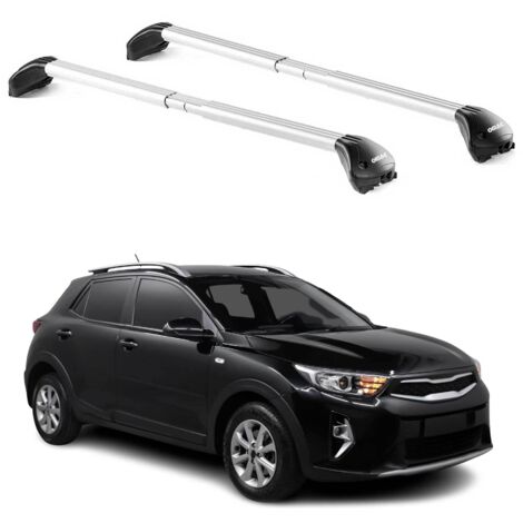 OMAC Barres de toit transversales certifiées TÜV pour Kia Stonic 2017-2026 – Verrouillables (4 antivols) – Charge max 100 kg – Sangle inox + protection caoutchouc Argent