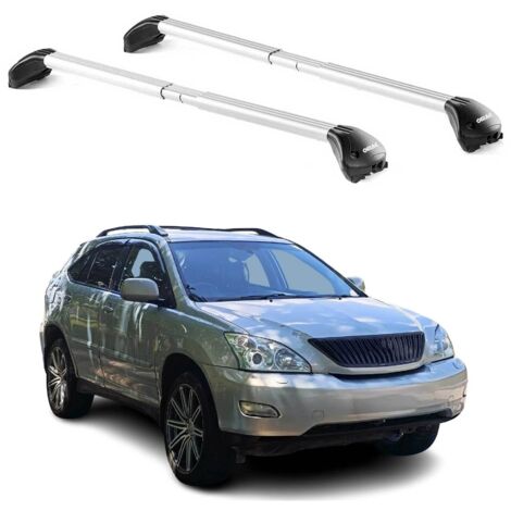 OMAC Barres de toit transversales certifiées TÜV pour Lexus RX mk1 & mk2 2004-2015 – Verrouillables (4 antivols) – Charge max 100 kg – Sangle inox + protection caoutchouc Argent