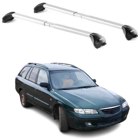 OMAC Barres de toit transversales certifiées TÜV pour Mazda 626 GE Break 1992-1997 – Verrouillables (4 antivols) – Charge max 100 kg – Sangle inox + protection caoutchouc Argent