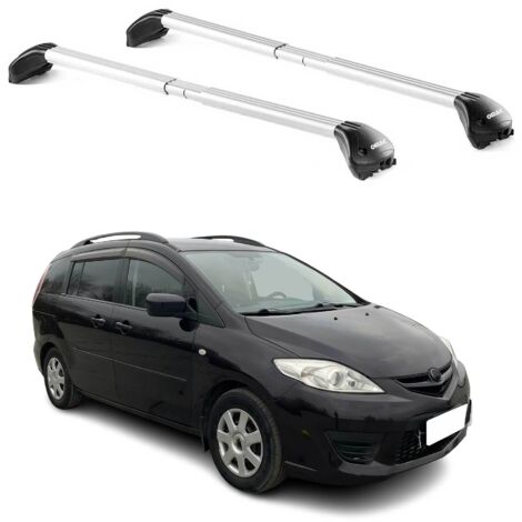 OMAC Barres de toit transversales certifiées TÜV pour Mazda5 / Premacy 2005-2018 – Verrouillables (4 antivols) – Charge max 100 kg – Sangle inox + protection caoutchouc Argent