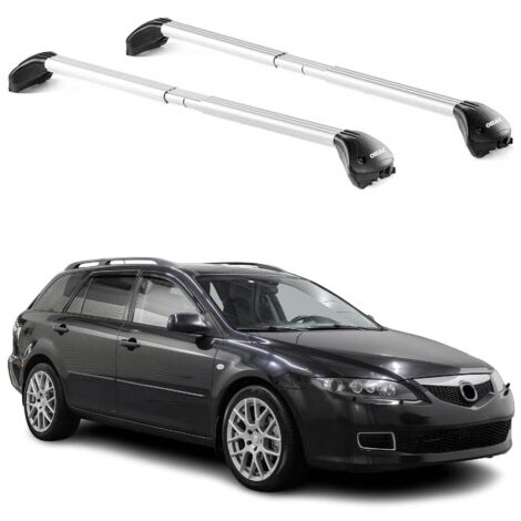 OMAC Barres de toit transversales certifiées TÜV pour Mazda6 Break 2002-2026 – Verrouillables (4 antivols) – Charge max 100 kg – Sangle inox + protection caoutchouc Argent