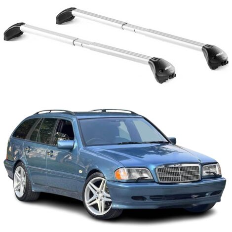 OMAC Barres de toit transversales certifiées TÜV pour Mercedes Classe C S202 S203 S204 Break 1993-2014 – Verrouillables (4 antivols) – Charge max 100 kg – Sangle inox + protection caoutchouc Argent