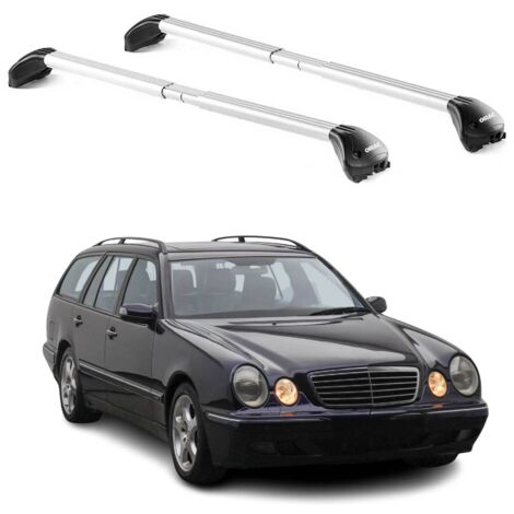OMAC Barres de toit transversales certifiées TÜV pour Mercedes Classe E S210 Break 1997-2003 – Verrouillables (4 antivols) – Charge max 100 kg – Sangle inox + protection caoutchouc Argent