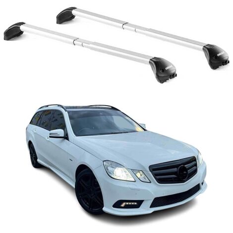 OMAC Barres de toit transversales certifiées TÜV pour Mercedes Classe E S212 Break 2010-2016 – Verrouillables (4 antivols) – Charge max 100 kg – Sangle inox + protection caoutchouc Argent