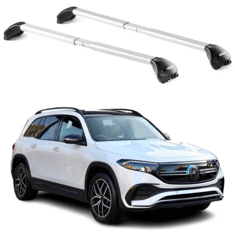OMAC Barres de toit transversales certifiées TÜV pour Mercedes EQB X243 2022-2026 – Verrouillables (4 antivols) – Charge max 100 kg – Sangle inox + protection caoutchouc Argent