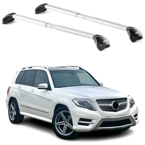 OMAC Barres de toit transversales certifiées TÜV pour Mercedes GLK X204 2008-2015 – Verrouillables (4 antivols) – Charge max 100 kg – Sangle inox + protection caoutchouc Argent