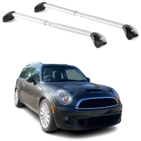 OMAC Barres de toit transversales certifiées TÜV pour Mini Clubman mk1 R55 2007-2014 – Verrouillables (4 antivols) – Charge max 100 kg – Sangle inox + protection caoutchouc Argent