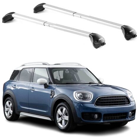 OMAC Barres de toit transversales certifiées TÜV pour Mini Countryman F60 2017-2023 – Verrouillables (4 antivols) – Charge max 100 kg – Sangle inox + protection caoutchouc Argent