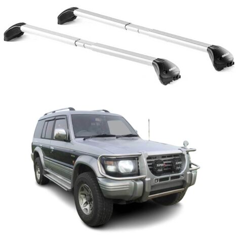 OMAC Barres de toit transversales certifiées TÜV pour Mitsubishi Pajero II 1991-1999 5 Portes – Verrouillables (4 antivols) – Charge max 100 kg – Sangle inox + protection caoutchouc Argent