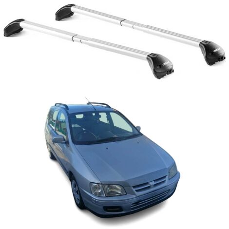 OMAC Barres de toit transversales certifiées TÜV pour Mitsubishi Space Star mk1 1998-2005 – Verrouillables (4 antivols) – Charge max 100 kg – Sangle inox + protection caoutchouc Argent