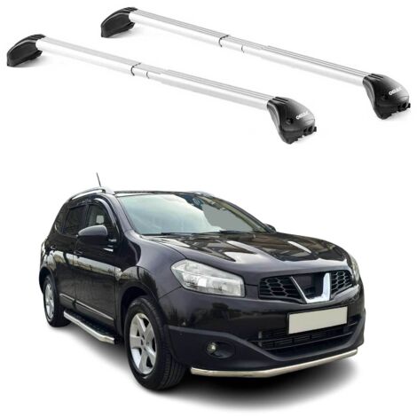 OMAC Barres de toit transversales certifiées TÜV pour Nissan Qashqai J10 2007-2013 – Verrouillables (4 antivols) – Charge max 100 kg – Sangle inox + protection caoutchouc Argent