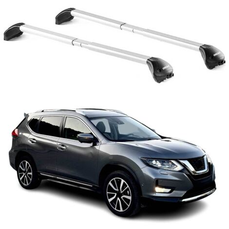 OMAC Barres de toit transversales certifiées TÜV pour Nissan X-Trail III T32 2013-2021 – Verrouillables (4 antivols) – Charge max 100 kg – Sangle inox + protection caoutchouc Argent
