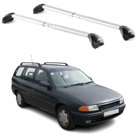 OMAC Barres de toit transversales certifiées TÜV pour Opel Astra F G Break 1991-2004 – Verrouillables (4 antivols) – Charge max 100 kg – Sangle inox + protection caoutchouc Argent