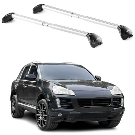 OMAC Barres de toit transversales certifiées TÜV pour Porsche Cayenne I 2003-2010 – Verrouillables (4 antivols) – Charge max 100 kg – Sangle inox + protection caoutchouc Argent