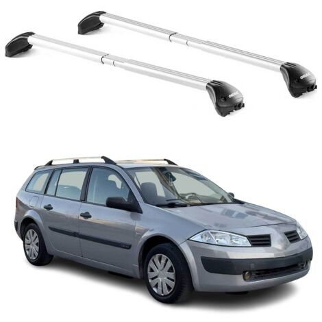 OMAC Barres de toit transversales certifiées TÜV pour Renault Megane II III Break 2003-2016 – Verrouillables (4 antivols) – Charge max 100 kg – Sangle inox + protection caoutchouc Argent