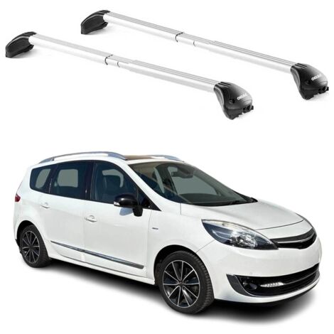 OMAC Barres de toit transversales certifiées TÜV pour Renault Scenic III 2009-2016 – Verrouillables (4 antivols) – Charge max 100 kg – Sangle inox + protection caoutchouc Argent