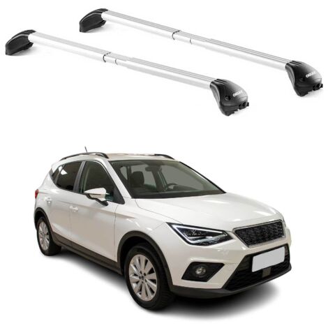 OMAC Barres de toit transversales certifiées TÜV pour Seat Arona 2017-2026 – Verrouillables (4 antivols) – Charge max 100 kg – Sangle inox + protection caoutchouc Argent