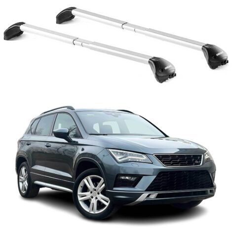 OMAC Barres de toit transversales certifiées TÜV pour Seat Ateca 2016-2026 – Verrouillables (4 antivols) – Charge max 100 kg – Sangle inox + protection caoutchouc Argent