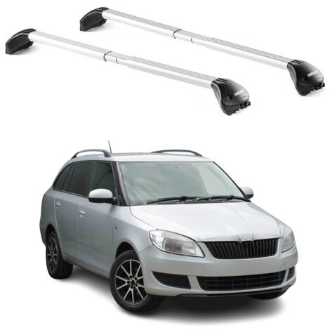 OMAC Barres de toit transversales certifiées TÜV pour Skoda Fabia Scout 2009-2014 – Verrouillables (4 antivols) – Charge max 100 kg – Sangle inox + protection caoutchouc Argent
