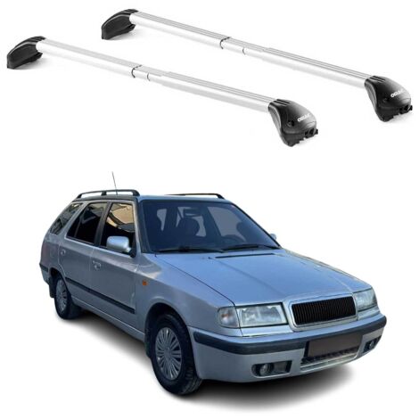 OMAC Barres de toit transversales certifiées TÜV pour Skoda Felicia Break 1994-2001 – Verrouillables (4 antivols) – Charge max 100 kg – Sangle inox + protection caoutchouc Argent