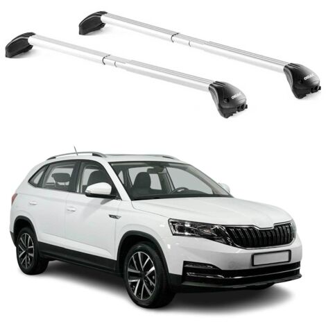 OMAC Barres de toit transversales certifiées TÜV pour Skoda Kamiq 2019-2026 – Verrouillables (4 antivols) – Charge max 100 kg – Sangle inox + protection caoutchouc Argent