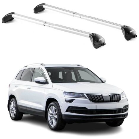 OMAC Barres de toit transversales certifiées TÜV pour Skoda Karoq 2017-2026 – Verrouillables (4 antivols) – Charge max 100 kg – Sangle inox + protection caoutchouc Argent