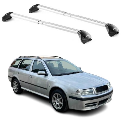 OMAC Barres de toit transversales certifiées TÜV pour Skoda Octavia Break 1996-2020 – Verrouillables (4 antivols) – Charge max 100 kg – Sangle inox + protection caoutchouc Argent