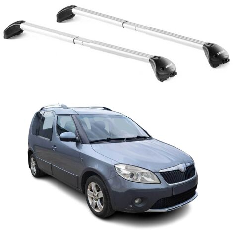 OMAC Barres de toit transversales certifiées TÜV pour Skoda Roomster / Praktik / Scout 2006-2015 – Verrouillables (4 antivols) – Charge max 100 kg – Sangle inox + protection caoutchouc Argent