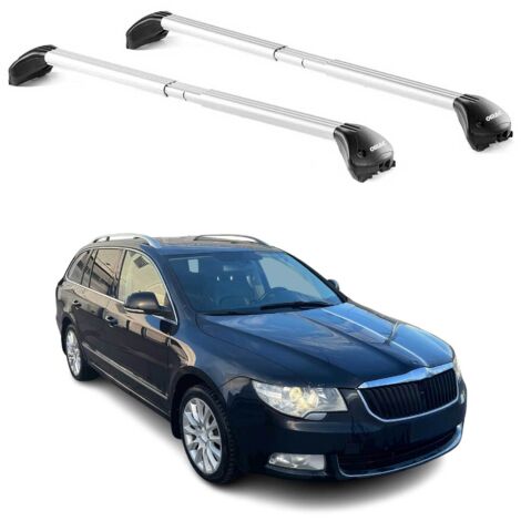 OMAC Barres de toit transversales certifiées TÜV pour Skoda Superb Break 2008-2023 – Verrouillables (4 antivols) – Charge max 100 kg – Sangle inox + protection caoutchouc Argent