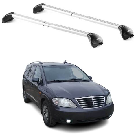 OMAC Barres de toit transversales certifiées TÜV pour Ssangyong Rodius 2004-2019 – Verrouillables (4 antivols) – Charge max 100 kg – Sangle inox + protection caoutchouc Argent