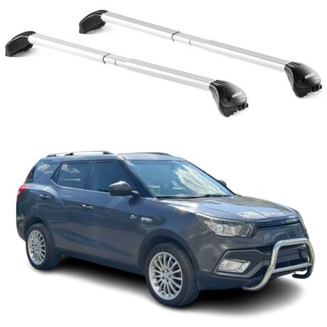 OMAC Barres de toit transversales certifiées TÜV pour Ssangyong XLV 2016-2021 – Verrouillables (4 antivols) – Charge max 100 kg – Sangle inox + protection caoutchouc Argent