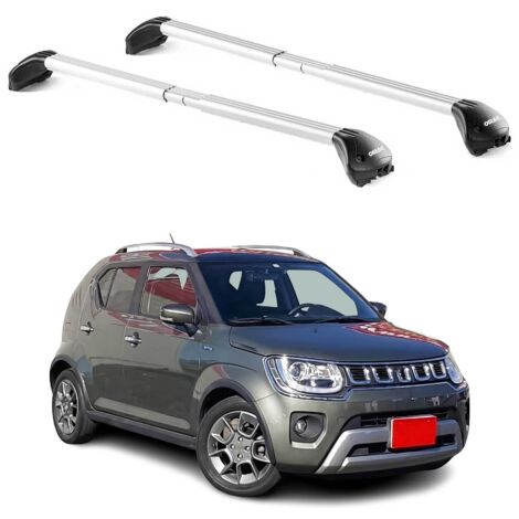 OMAC Barres de toit transversales certifiées TÜV pour Suzuki Ignis II 2016-2026 – Verrouillables (4 antivols) – Charge max 100 kg – Sangle inox + protection caoutchouc Argent