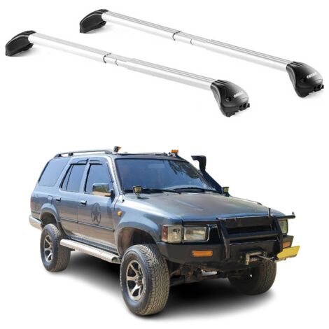 OMAC Barres de toit transversales certifiées TÜV pour Toyota 4Runner II 1989-1995 – Verrouillables (4 antivols) – Charge max 100 kg – Sangle inox + protection caoutchouc Argent