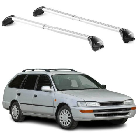 OMAC Barres de toit transversales certifiées TÜV pour Toyota Corolla mk7 Break 1992-1997 – Verrouillables (4 antivols) – Charge max 100 kg – Sangle inox + protection caoutchouc Argent