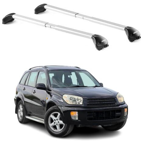 OMAC Barres de toit transversales certifiées TÜV pour Toyota RAV4 II 2001-2005 – Verrouillables (4 antivols) – Charge max 100 kg – Sangle inox + protection caoutchouc Argent