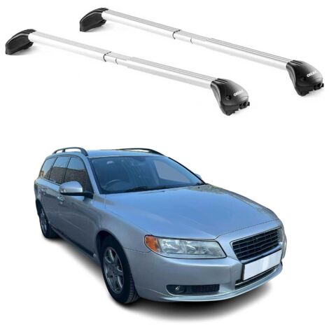 OMAC Barres de toit transversales certifiées TÜV pour Volvo V70 III 2008-2016 – Verrouillables (4 antivols) – Charge max 100 kg – Sangle inox + protection caoutchouc Argent