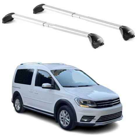OMAC Barres de toit transversales certifiées TÜV pour VW Caddy Alltrack 2016-2020 – Verrouillables (4 antivols) – Charge max 100 kg – Sangle inox + protection caoutchouc Argent